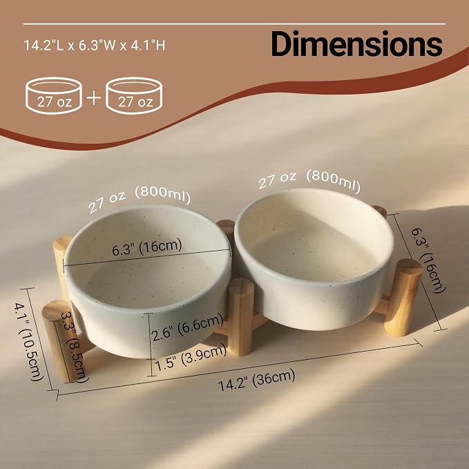 Elevated Dog Bowl & Cat Dish 27oz – Raised Ceramic Pet Food and Water Bowls with Bamboo Stand, Feeding Station for Small & Medium Pets, Prevents Neck Strain – Durable, Premium Quality by Homish