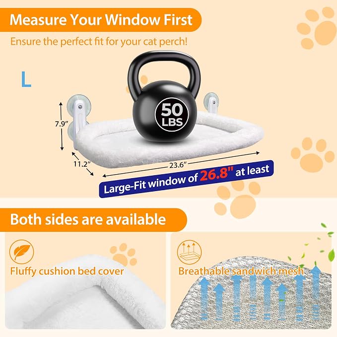 L&W BROS. 2PC Cat Heated Window Perches with Adjustable Thermostat & Timer – Dual Hammocks with Strong Suction Cups, Easy-to-Clean Warm Beds for Multi-Cat Homes, Holds Up to 50lbs Each (L 2PC)