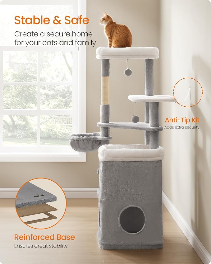 Feandrea Cat Tree Indoor, 60" Multiple-Level Plush Cat Tower, Dove Gray | 2 Caves, 3 Steps, 3 Scratching Posts, 3 Ball Toys, Cat Condo House for Large Adult Cats, UPCT007G01