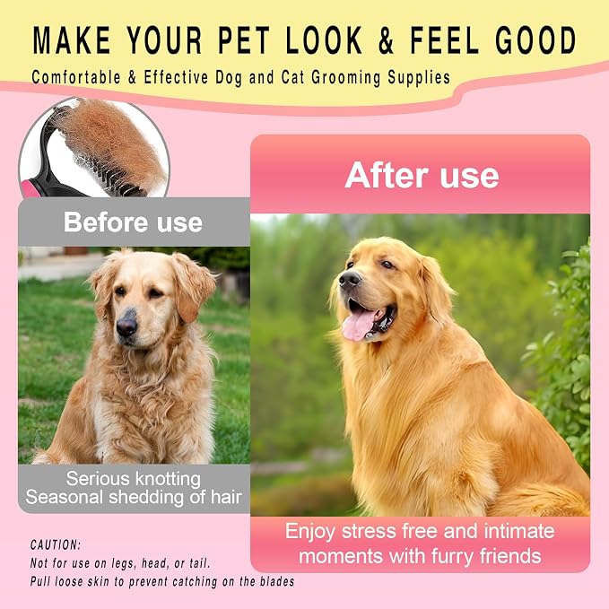 Pet Grooming Rake for Dogs & Cats - Double-Sided Deshedding and Dematting Tool, Gently Remove 95% of Loose Undercoat & Mats for Long-Haired Pets, Painless Fur Brush for Shedding Control (Pink, M)