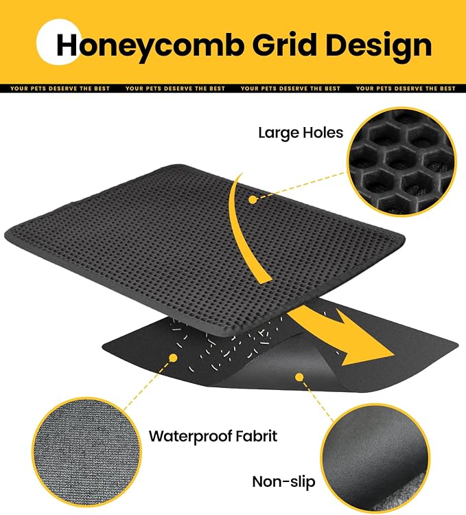 Cat Litter Trapping Mat, 27"x19" Universal Fit Litter Box Floor Mat, Hexagon Grids & Anti-Leak Base, Machine Washable, Non-Slip Kitty Mat for Most Homes, Black
