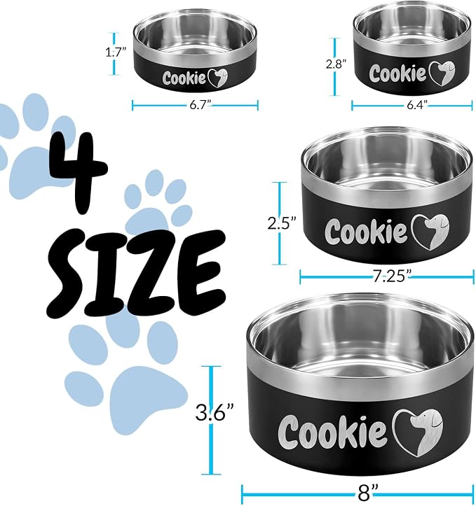 32OZ Personalized Dog Bowl Laser Engraved Custom Pet Name 18/32/42/64 oz No Slip Stainless Steel Insulated Bite-Resistant Food Water Dishes-Black