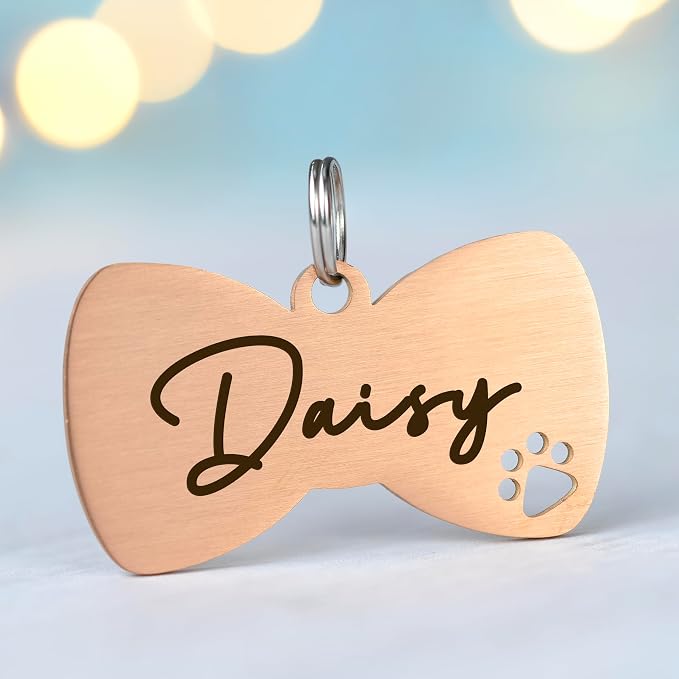 Ultra Joys Dog Tags Personalized for Pets - Hollow Paw Custom Pet ID Tag - Engraved Dog Tag for Small, Large Dogs - Large Bow Tie in Rose