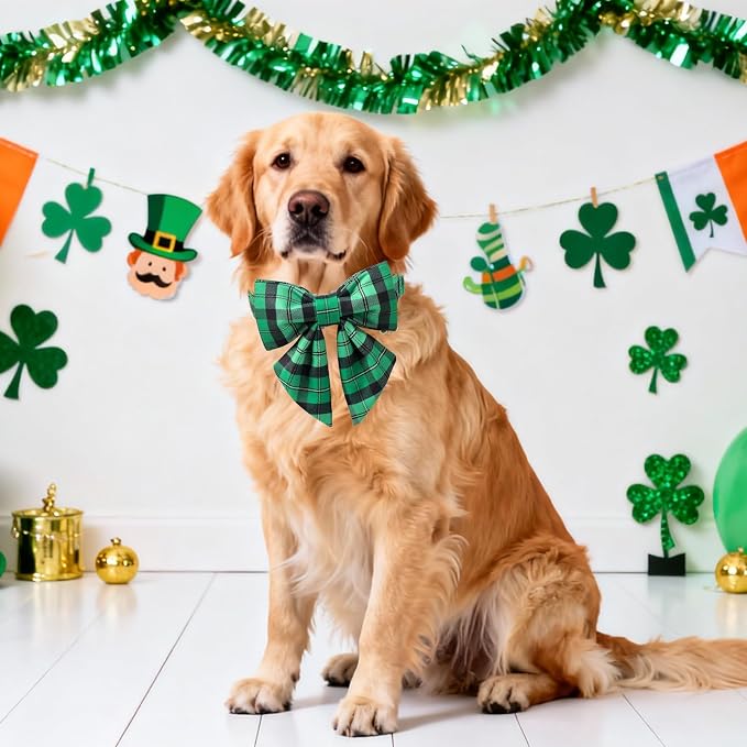 DOGWONG St. Patrick's Day Dog Collar with Sailor Bowtie, Green Plaid Bowtie Dog Collar for Small Medium Large Dogs,L