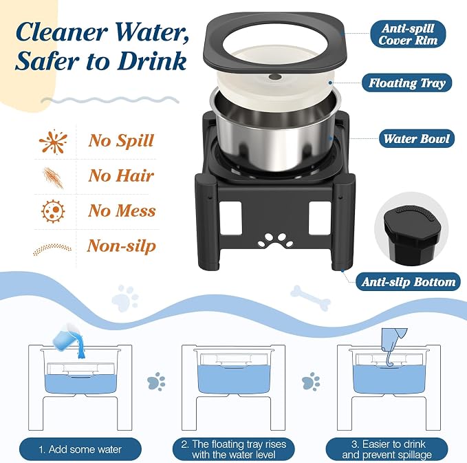 Lewondr Elevated Dog Water Bowl No Spill with 3 Heights Adjustable Stand | Water & Slow Feeder Bowls, Adjustable Dog Slow Feeder Bowl Non-Slip Dog Bowl Stand for Medium Large Breed