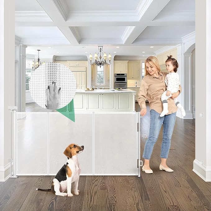 Reinforced 85 Inch Wide Retractable Dog Gate Extra Long Baby Gate with Support Rods – Prevent Crawling Under, Indoor Extra Wide Retractable Baby Gate Retractable Gate Outdoor Gates for Decks, White
