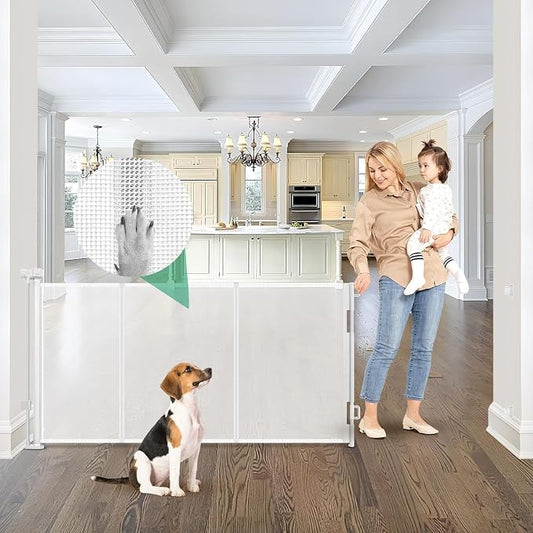 Reinforced 85 Inch Wide Retractable Dog Gate Extra Long Baby Gate with Support Rods – Prevent Crawling Under, Indoor Extra Wide Retractable Baby Gate Retractable Gate Outdoor Gates for Decks, White