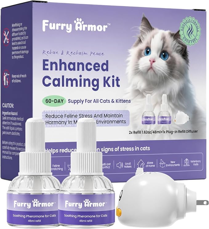 Calming Diffuser for Multi-Cat, 60-Day Supply | 1 diffuser + 2 refills, 30-day per refill, odorless, reduces fighting, spraying & scratching, leak-free