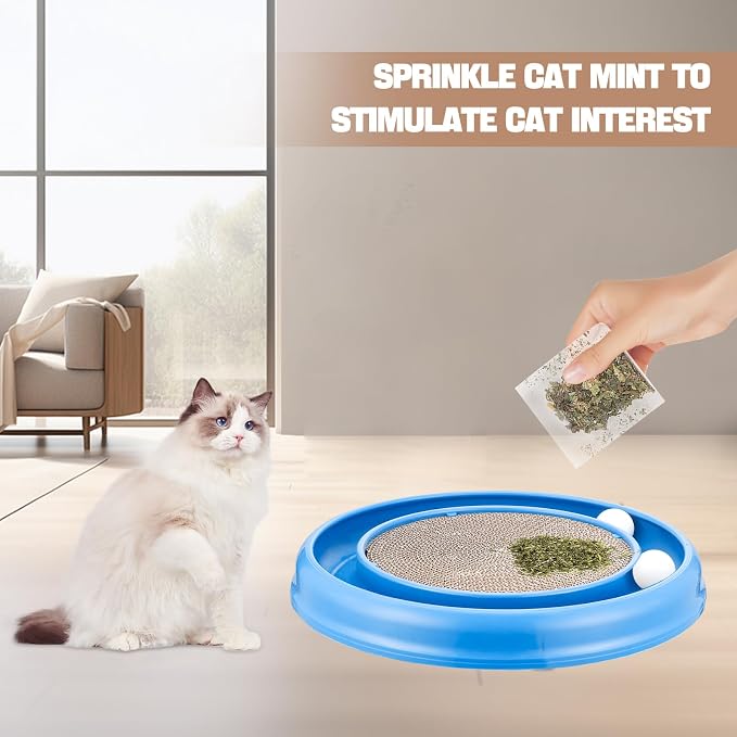 Cat Scratching Board with Balls for Cats Grinding Claw, Round Cat Scratcher Interactive Toy, Cat Ball Track Scratcher Pad for Cats Exercise Play(Blue)
