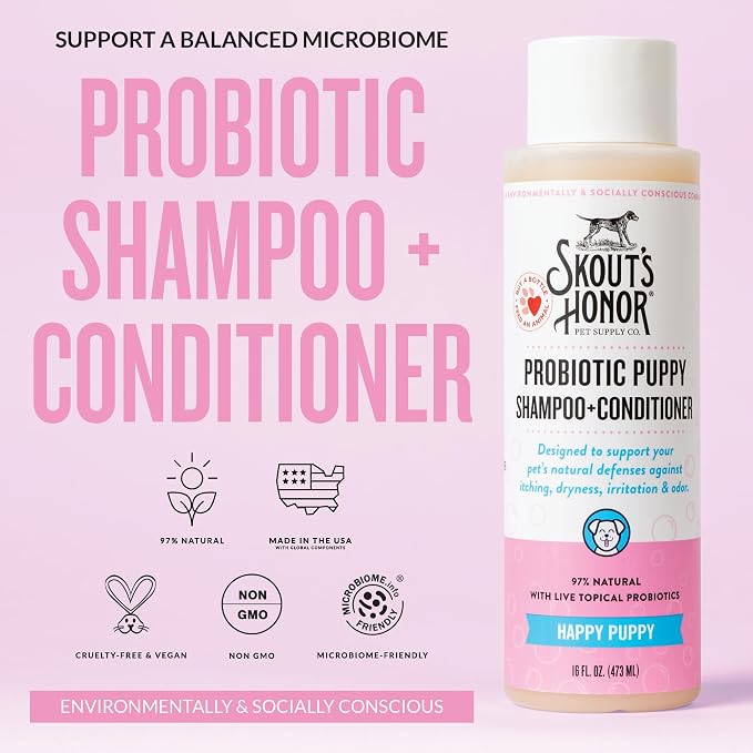 SKOUT'S HONOR Probiotic Puppy Shampoo and Conditioner - Happy Puppy, 16 oz | Natural 2-in-1 for Puppies and Dogs, Microbiome-Friendly with Avocado Oil & Omega-3s, Paraben & Sulfate-Free