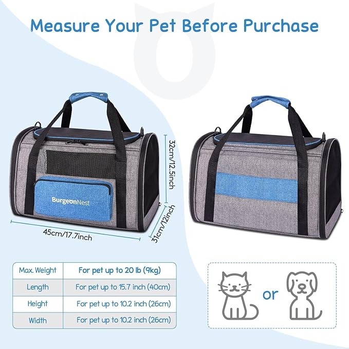 BurgeonNest Pet Carrier for Large Cats, Soft-Sided Cat Carrier for Big Cats and Small Dogs Up to 20 lbs, Top Loading Collapsible Escape-Proof Travel Cat Bag with 4 Mesh Windows & Side Storage, Blue