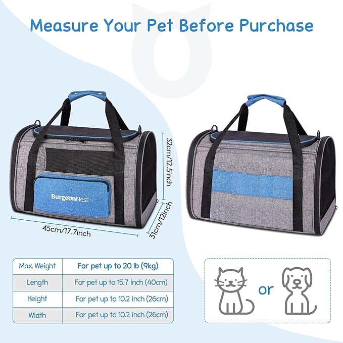 BurgeonNest Pet Carrier for Large Cats, Soft-Sided Cat Carrier for Big Cats and Small Dogs Up to 20 lbs, Top Loading Collapsible Escape-Proof Travel Cat Bag with 4 Mesh Windows & Side Storage, Grey