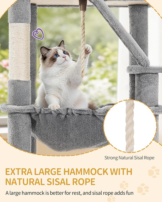 Hzuaneri Large Cat Tree, 72 Inch Tall Multi-Level Cat Tower for Indoor Cats | Cat Condo Furniture with 6 with Sisal Scratching Posts, 2 Large Platforms, 2 Cats House, Hanging Basket, Light Gray MS18318LG