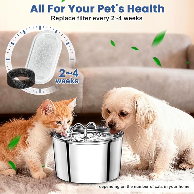 Cat Water Fountain Filter Replacement, 12 Pcs Cat Filters Pet Water Fountain Filter with 12 Pcs Sponges Foam for 67oz/2L & 108oz/3.2L Stainless Steel Automatic Cats Water Fountain Dispenser Filters