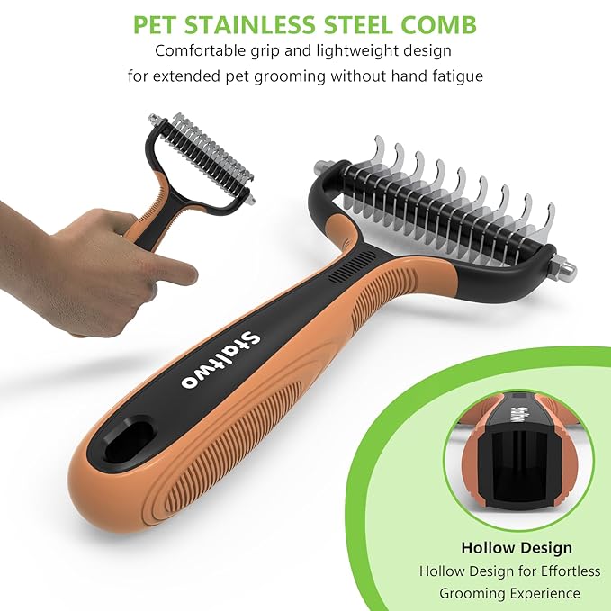 Staltwo Deshedding Dog Brush for Shedding, Undercoat Rake for Dog&Cat | Orange Extra-Wide Double-Sided Pet Grooming tool | Shedding Control for Long/Medium-Haired Dogs and Cats, Knot Removal