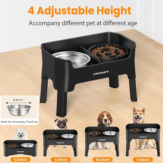 URPOWER 3-in-1 Elevated Dog Bowls - Mess Proof Double Deck 4 Height Adjustable Raised Stand with 2 Stainless Steel Food Bowls & 1 Slow Feeder for Small Dogs