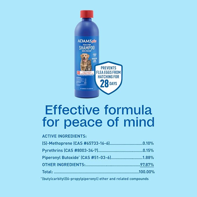 ADAMS Plus Flea & Tick Shampoo with Precor for Dogs & Cats, 12 oz | Flea shampoo for dogs and cats kills flea eggs and lice on contact, helps stop hatching for 28 days