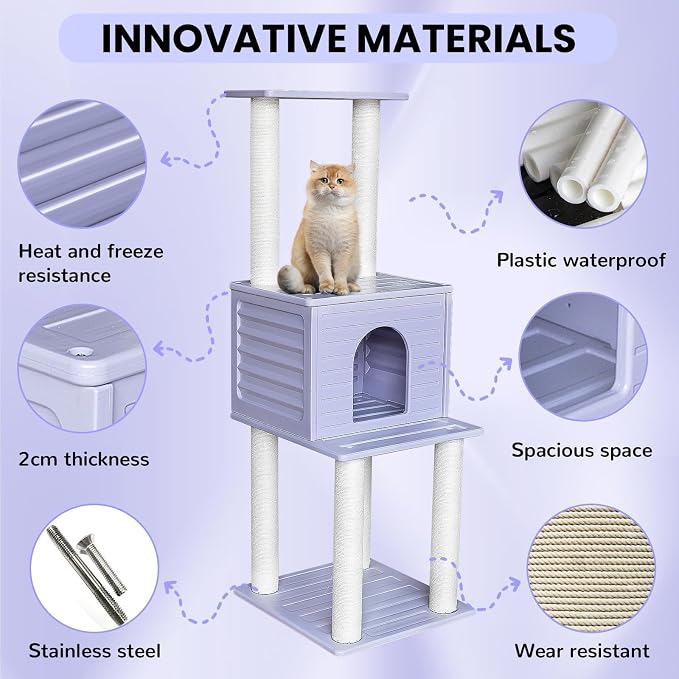 61in Weatherproof Large Cat Condo with Scratch Post for Indoor&Outdoor Cats | Purple Cat Tree Tower with Cat House,Plastic Panels&Durable Polypropylene Scratch Ropes,Suitable for Catio,Deck,Patio CTT-3
