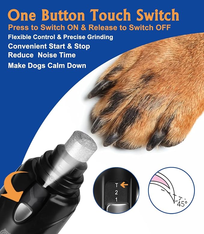Petsaunter Dog Nail Grinder, 3 Grinding Heads, 2-Speed, LED Light, Touch-Switch, TypeC, Quiet, Low-Vibration, Dog Nail Trimmers for Large, Medium, Small Dogs & Cats with Hard/Thick Nails (U-Black)