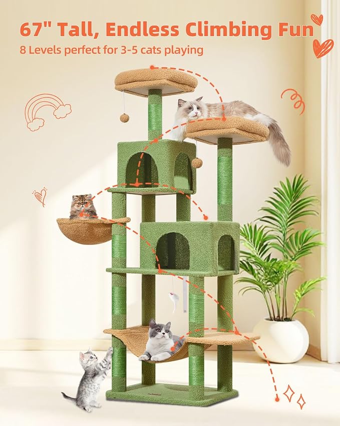 Taoqimiao Cactus Cat Tree, 67 in Tall Cat Tower with 2 Plush Cat Condos | 7 Scratching Posts, 2 Top Perches, Cozy Hammock & Basket, Indoor Cats, 2 Pompoms & Mouse Toy, MS013T