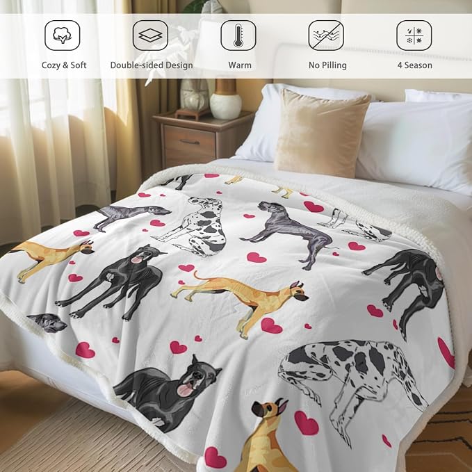 BlessLiving Great Dane Dog Blanket Red Heart Puppy Print Sherpa Fleece Throw Blanket Funny Dog Portrait Plush Blankets (King, 108x 90 Inches)