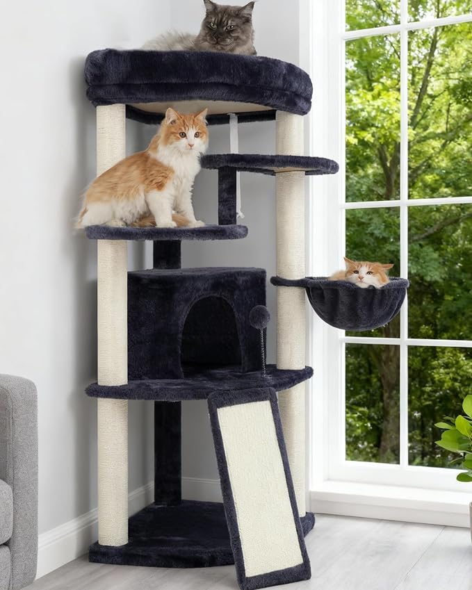 Corner Cat Tree Tower with All Sisal Scratching Posts GCT025G | 44.1" Cat Furniture with Multi-level Cat Condo, Cat Cave, Hanging Basket, Sisal Scratching Ramp for Indoor Cats, Drak Gray