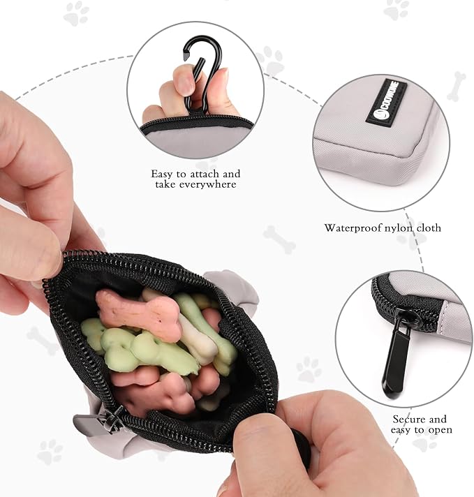Dog Treat Pouch Pocket Sized Pet Puppy Training Pouch for Dog Training Behavior Aids, Waterproof Nylon Fabric Dog Poop Bag Holder, Hands Free Dog Walking Bag with Metal Carabiner (Grey)