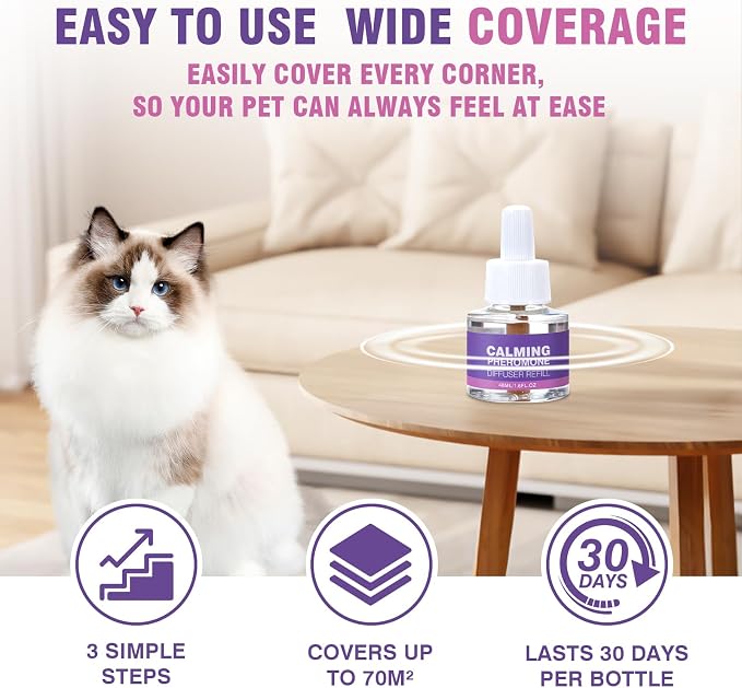 Cat Calming Pheromone Diffuser Refills 4 Pack Fits All Common Diffusers | Stress Anxiety Relief,Scratching Reduction,Urine Spraying, Multi-Cat Harmony,Tension Conflict Calm,Fear Soothe Plug In