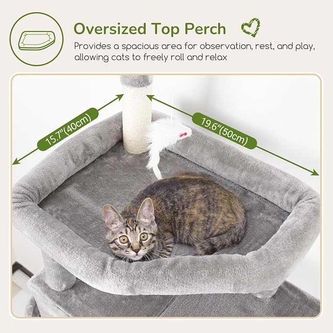 Globlazer F74B Cat Tree for Indoor Cats Large Adult, Multi-Cat, Light Grey | Easy Setup, 74in Tall Tower, Oversized Top Perch, 2 Large Condos, Hanging Basket, 5 Sisal Scratching Posts, Anti-Topple Strap