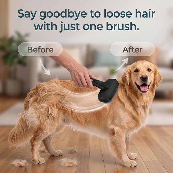 Self Cleaning Slicker Brush for Dog and Cat Shedding, Black | Skin Friendly Deshedding Brush for Short or Long Haired Dogs & Cats, One-Click Retractable for Easy Cleaning Flying Hair
