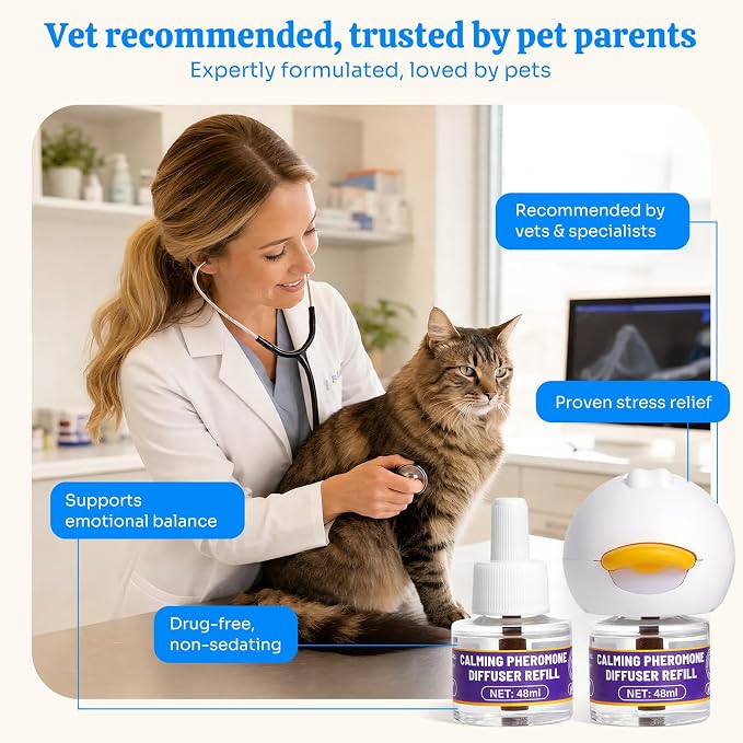 Cat Calming Pheromone Diffuser Starter Kit, 120-Day, for Multi-Cat Homes | Drug-free plug-in calms stress, hiding & aggression, 4 refills for 120 days, safe for kittens & humans; covers 700 sq ft