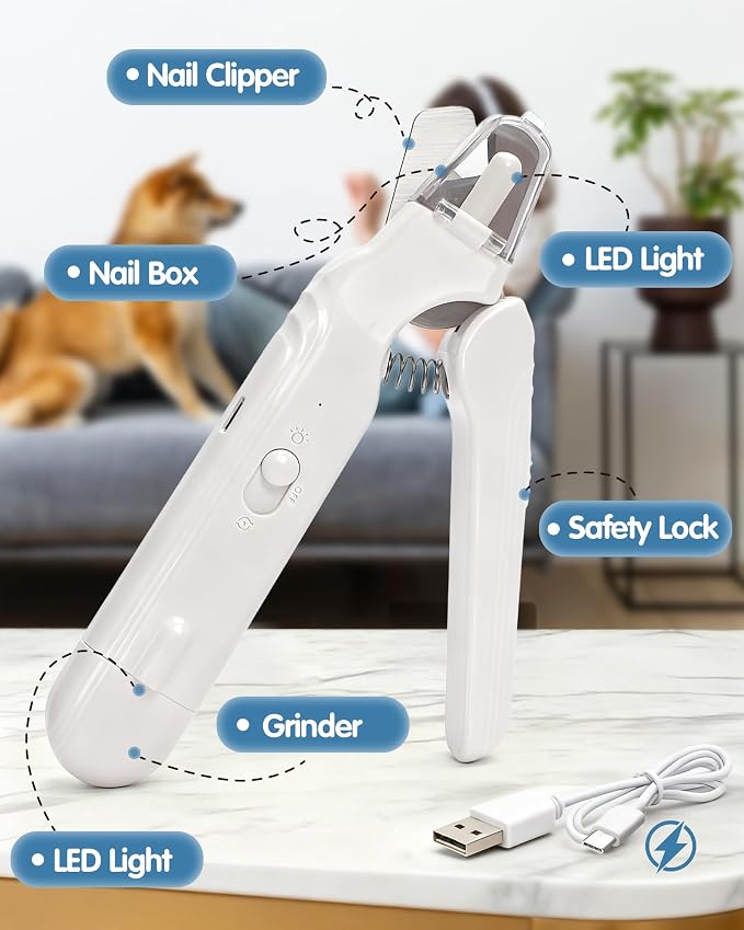 2 in 1 Cat Dog Nail Clippers & Grinder with LED Light, Quiet Rechargeable | Electric Pet Nail Trimmer & Claw Clippers for Large Medium Small Dogs Cats, Splash Guard for Nails, Painless Grooming Kit