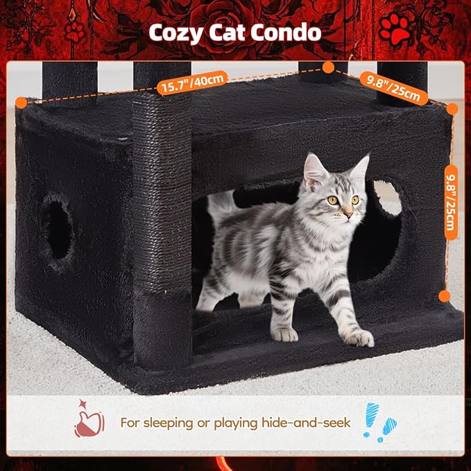 Taoqimiao Gothic Cat Tree, 38.5In Cat Tower for Indoor Cats, for Kittens | Thick Padded Top Perch, Luxurious Cat Condo, Adjustable Basket, 1-Piece Ramp Scratcher, 3 Natural Sisal Posts, MS029SBR