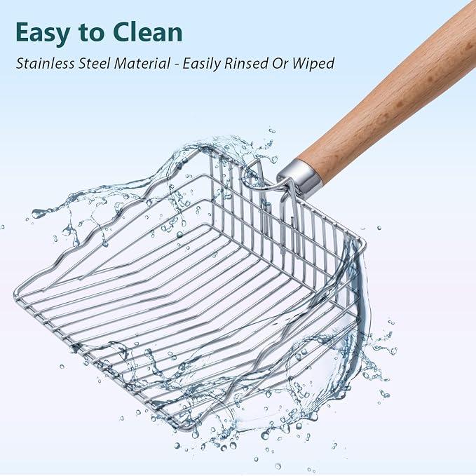 Cat Litter Scoop, 9.8" Long Handle, Metal Scooper for Litter Box | 0.3-inch Gap, Wooden handle, with Hook and Hole, Stainless Steel, Easy Cleaning, Durable, Heavy Duty, Odor-Free, Cats, dogs