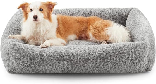 JOEJOY Dog Bed Medium Size Dog, Removable Washable Cover Orthopedic Soft Pet Bed, Anti-Slip Fluffy Plush Faux Rabbit Fur Puppy Bed, 30"x24"x8", Leopard Print, Grey