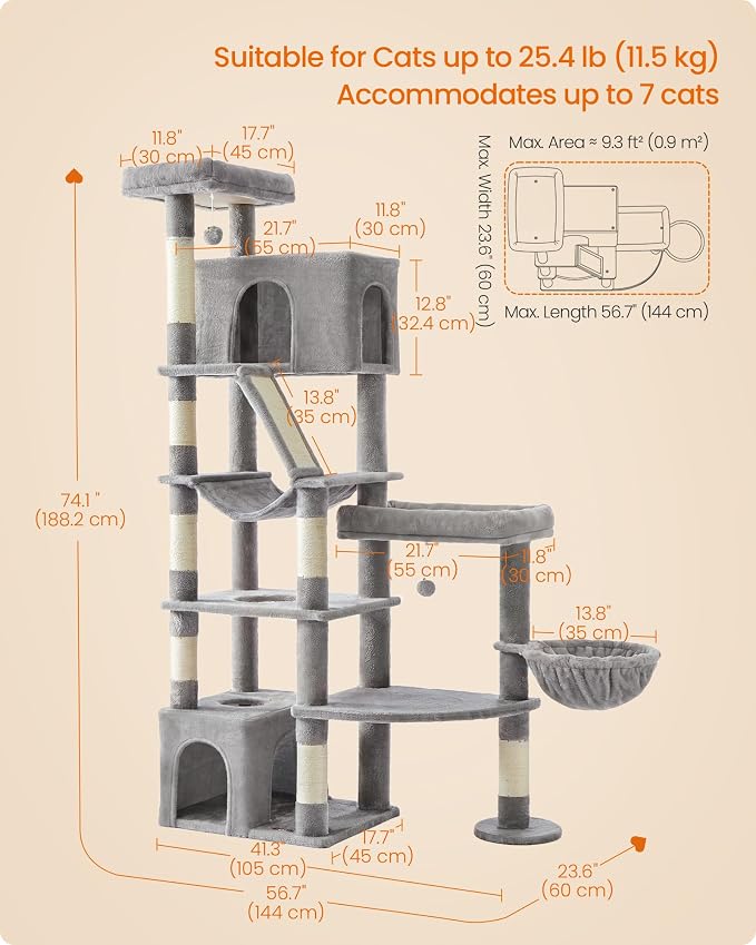 Feandrea 74.1-Inch Cat Tree Tower for Indoor Extra Large Cats, with Scratching Posts, Scratching Board, Multi-Level Design, Dove Gray UPCT016G101S