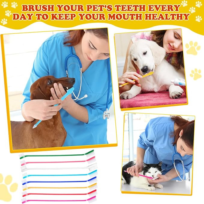Nuogo 200 Pcs Dog Toothbrush Bulk Dual Headed Dental Brushes Dogs Tooth Brushing Kit Long Handle Pet Tooth Brush for Puppy Large Small Cats and Most Pets Teeth Cleaning Dental Care Supplies, 8 Colors