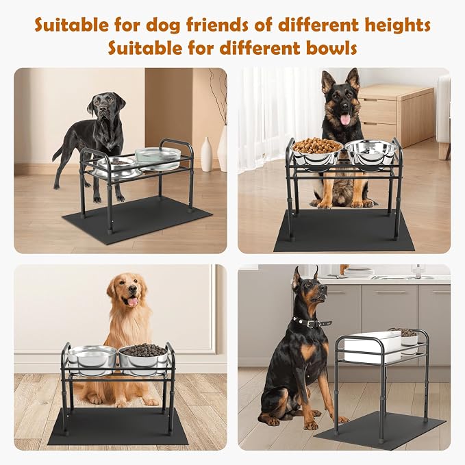 ADENGL Raised Dog Bowl Stand for XLarge & Large Dogs,Table Steel Frame Elevated Dog Bowls Stand with Mat,Non-Slip No Spill,Adjusts to 4 Heights 8.7-13.4", Holds 6-8.7" Diameter Bowl(Bowl Not Included)