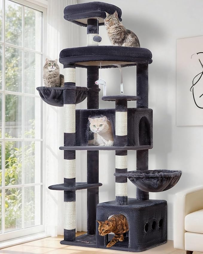 Taoqimiao 71in Cat Tree, Heavy Duty Large Cat Tower for Indoor Cats MS050G | Extra Wide Sturdy Base, Tall Multi-level, 7 Sisal Scratching Posts, 2 Houses, 2-Post Supported Baskets, 2 Perches, Smoke Gray