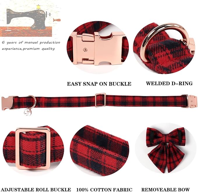 DOGWONG Christmas Dog Collar with Sailor Bow Tie, Red Plaid Dog Collar Durable Metal Buckle Adjustable Red Gingham Dogs Collars for Small Medium Large Dogs, S