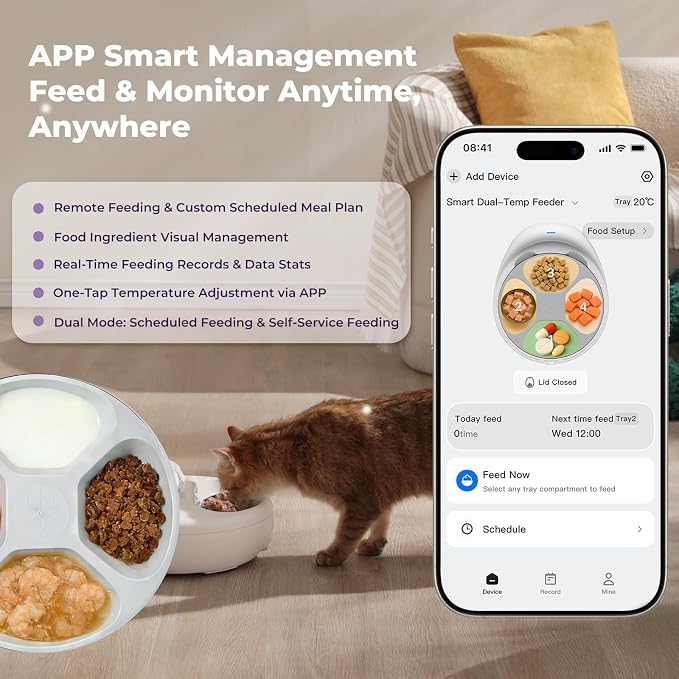 UBPET Smart Automatic Cat Feeder with Cooling & Heating, APP Control Dual-Temp Feeder for Wet/Dry/Raw Food, 24H Freshness, 4-Grid Tray, Anti-Pinch for Cats & Small Dogs (2-10kg)