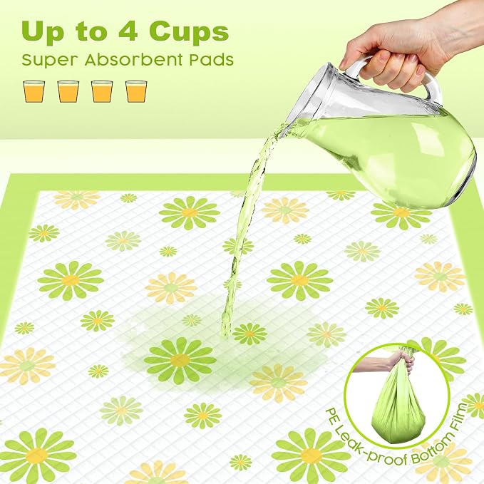 MIZOK Puppy Pads 100 Counts 22"x22" , Dog Pee Pads 6-Layer Super Absorbent & Leak-Proof, Daisy Pattern, 4-Corner Adhesive Tabs, Wee Wee Pads for Puppies & Small Dog Breeds