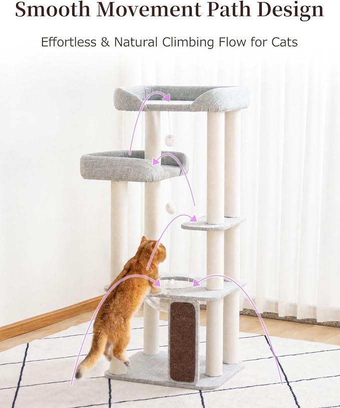 Cat Tree for Large Cat, Modern Senior Friendly Cat Tower with Wide Shelves Low Step, Cotton Scratching Posts, Super Sturdy Base, Cozy Perches, and Interactive Toys (Gray)