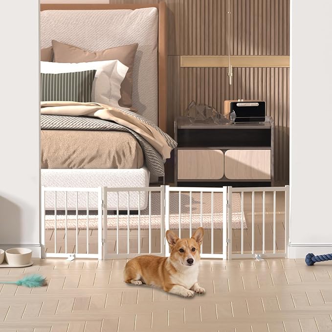 Snuowu 16" Freestanding Short Dog Gate for Small Dogs – Foldable & Retractable, Expands Up to 48" Wide, 4-Panel Pet Barrier for Doorways, Stairs & Hallways (White)