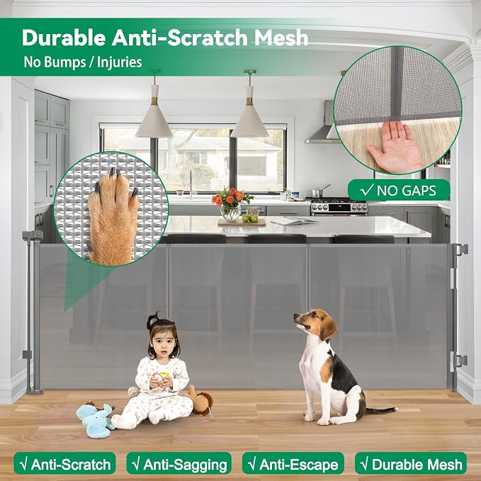 Reinforced 85" Wide Retractable Baby Gates Outdoor Retractable Dog Gate Indoor Mesh Baby Gate Retractable Pet Gate, Extra Wide Dog Gate with Support Rods – Prevent Crawling Under, Gray