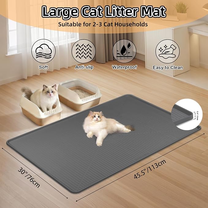 Silicone Cat Litter Mat 45" x 30" Cat Mat for Litter Box, Dark Grey | Extra Large Cat Litter Trapping Mat for Floor, Waterproof, Non-Slip Kitty Litter Box Mat with Raised Edge, Easy to Clean