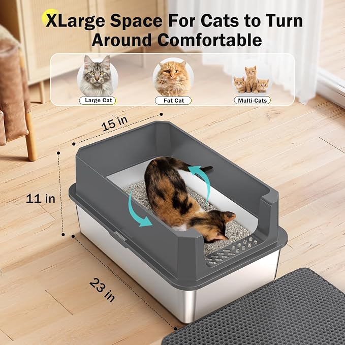 Stainless Steel Litter Box, Extra Large Litter Boxes for Big Cats, XLarge Metal Cat Litter Box with Lid, Anti-Urine Leakage XL Box with High Sides, Easy Clean, Non-Sticky, Scoop Included