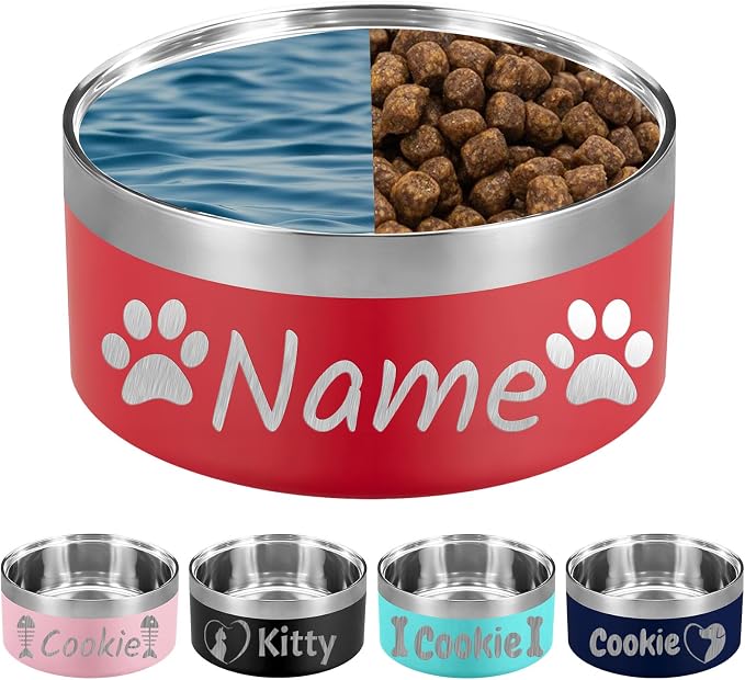 42OZ Personalized Dog Bowl Laser Engraved Custom Pet Name 18/32/42/64 oz No Slip Stainless Steel Insulated Bite-Resistant Food Water Dishes-Red