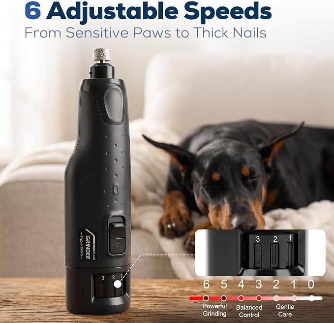 6-Speed Quiet Dog Nail Grinder with LED Light, Low-Vibration Electric Pet Nail Trimmer for Dogs and Cats, Safe Grooming Kit for Beginners, Complete Set with Storage Case