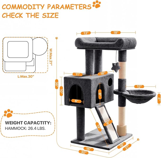36-Inch Cat Tree Tower for Small and Medium Indoor Cats, Multi-Level Climbing Tower with Sisal Scratching Posts, Hammock, Cat Condo & Scratching Board, Smoky Gray